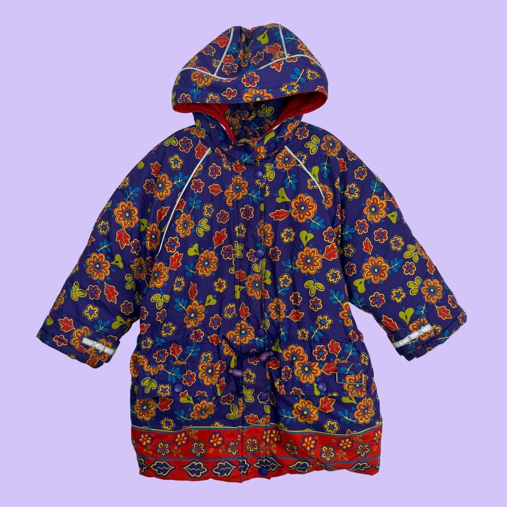 Hanna Andersson Kids Floral Winter Parka Jacket Purple Red 110 5T Retro Quilted